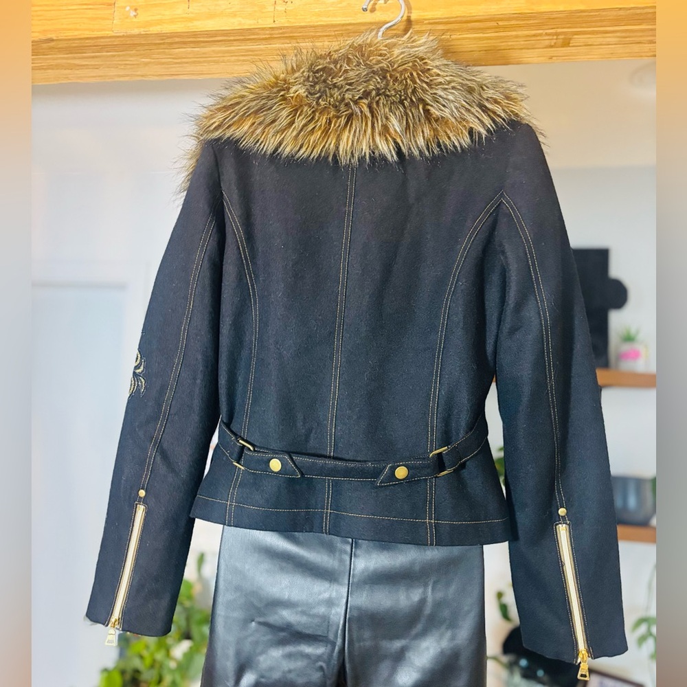 Y2K NEW Snap Wool Jacket w/ Faux Fur Collar – Zips & Embroidery – Size 38 - Picture 10 of 16